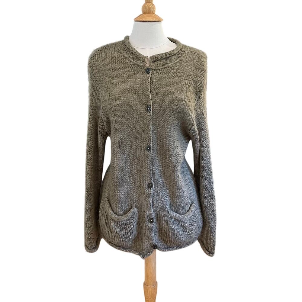 New Palette Olive Green Mohair Blend Long Sleeve Cardigan, Fuzzy, Minimalist M/L